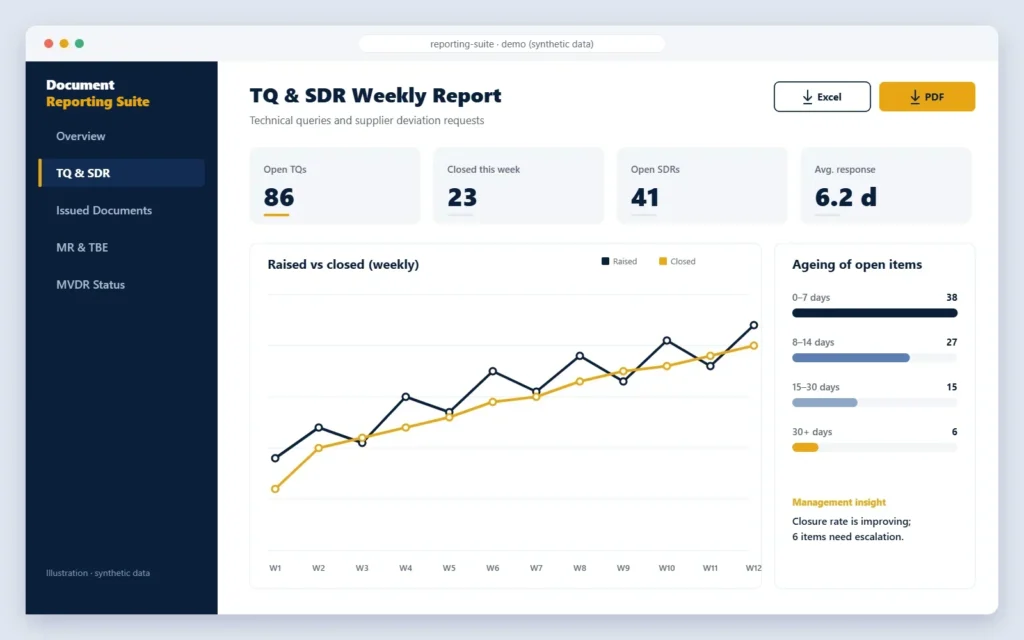 Document Reporting Suite illustration of a TQ and SDR weekly report with trend chart, using synthetic data